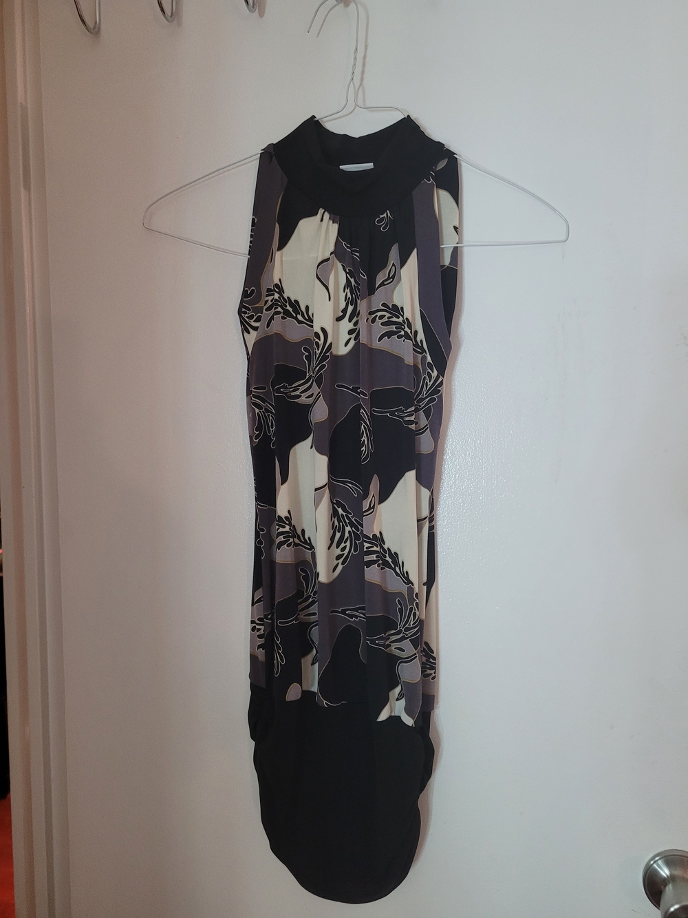 Sleeveless High-Neck Printed Midi Dress in Black and Cream